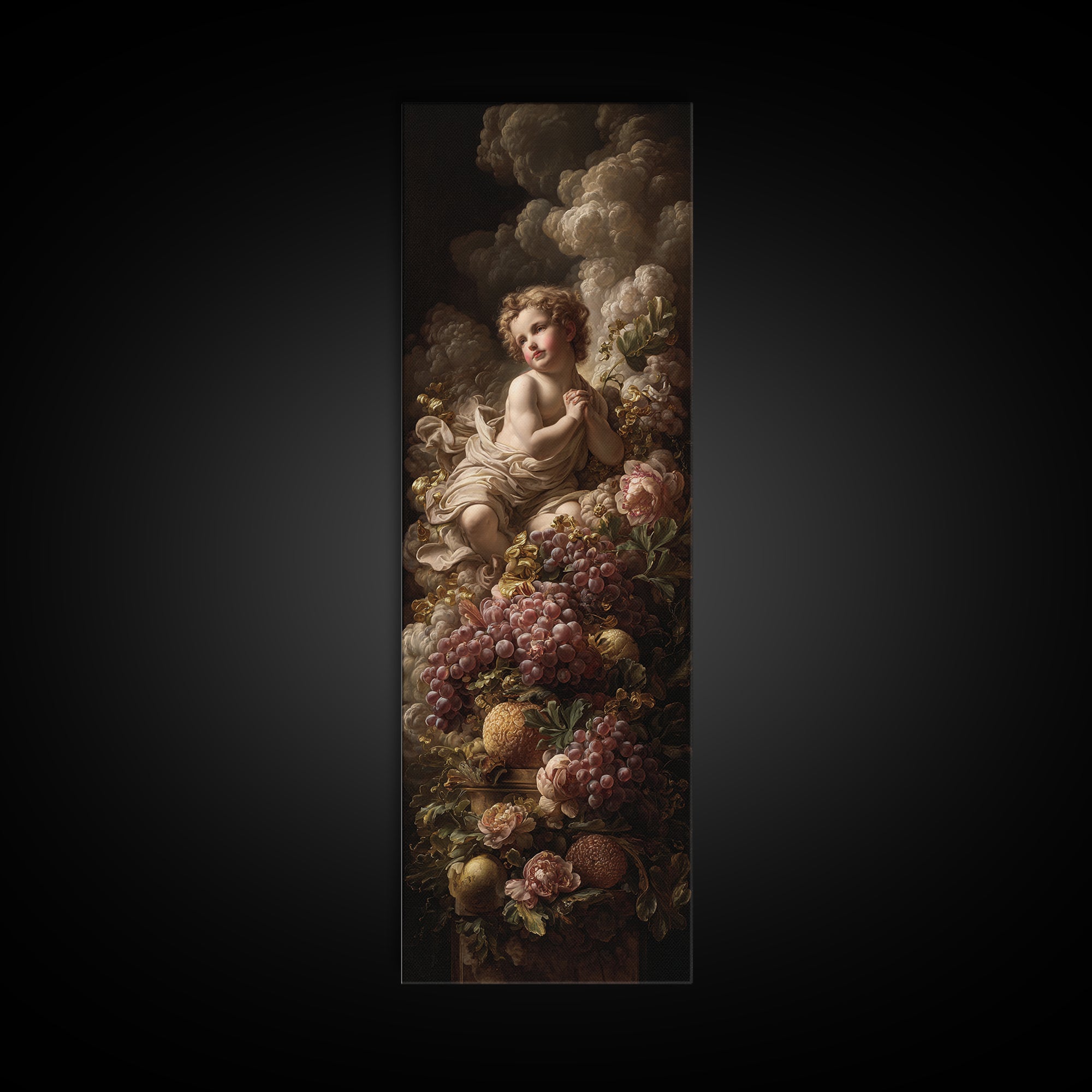Ornate Cherub Figure Surrounded by Clouds and Framed Canvas Print, Baroque Art, Dark Academia Art, Living Room Decor, Ornate, BAO-1x3-62
