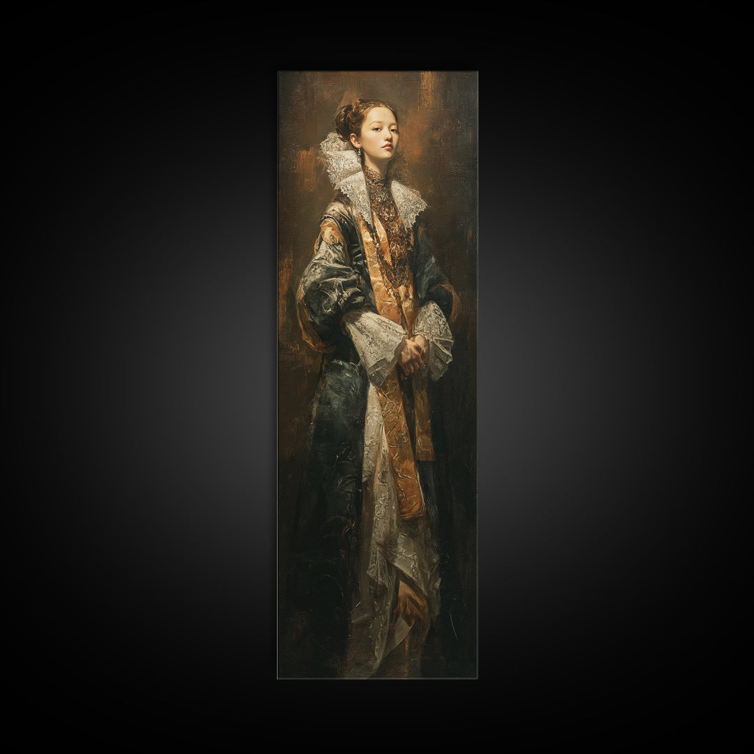 Classical Portrait with Lace Collar and Jewel Canvas Print, Baroque Art, Minimalist Decor, Living Room Decor, Fine Art, Ornate, BAO-1x3-67