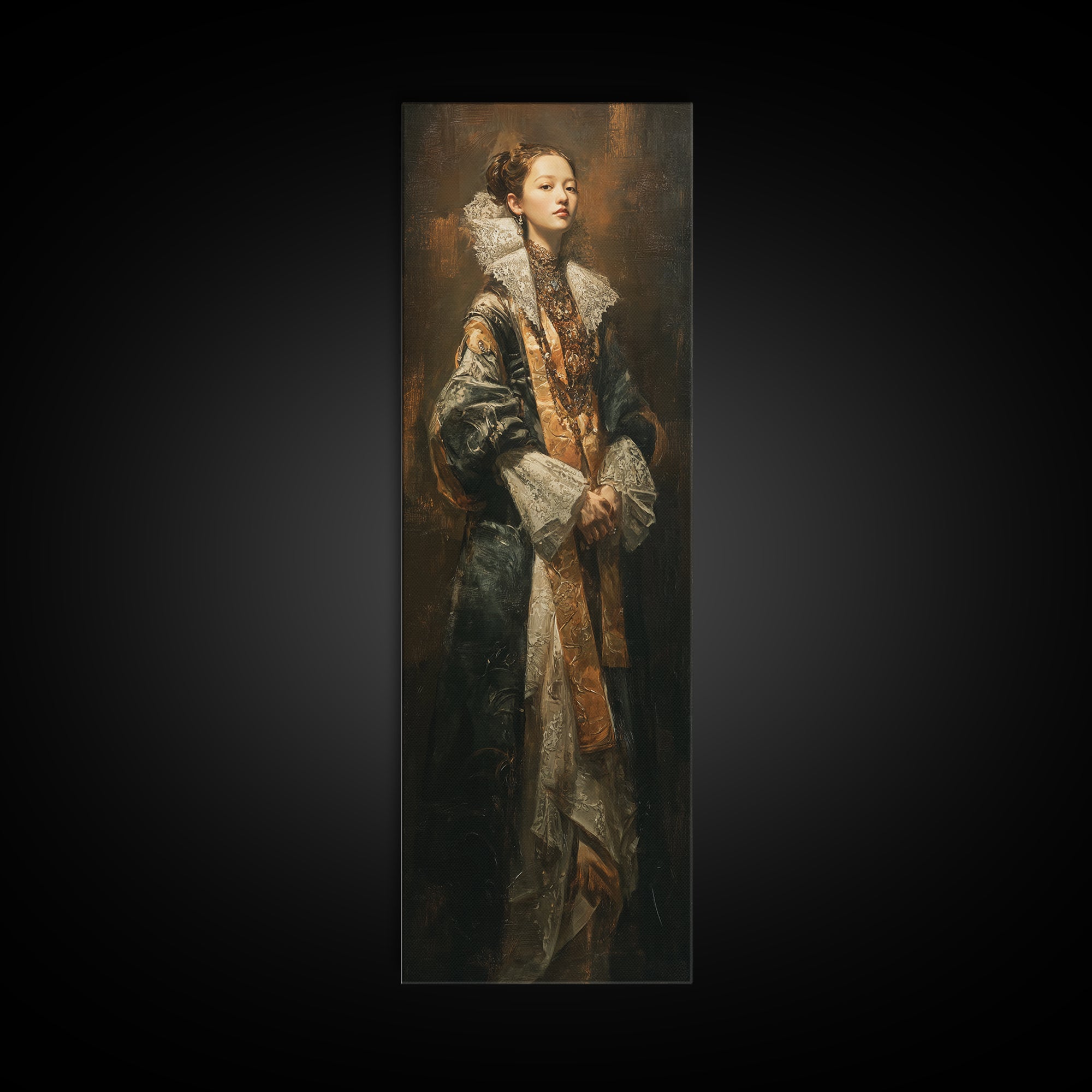 Classical Portrait with Lace Collar and Jewel Canvas Print, Baroque Art, Minimalist Decor, Living Room Decor, Fine Art, Ornate, BAO-1x3-67