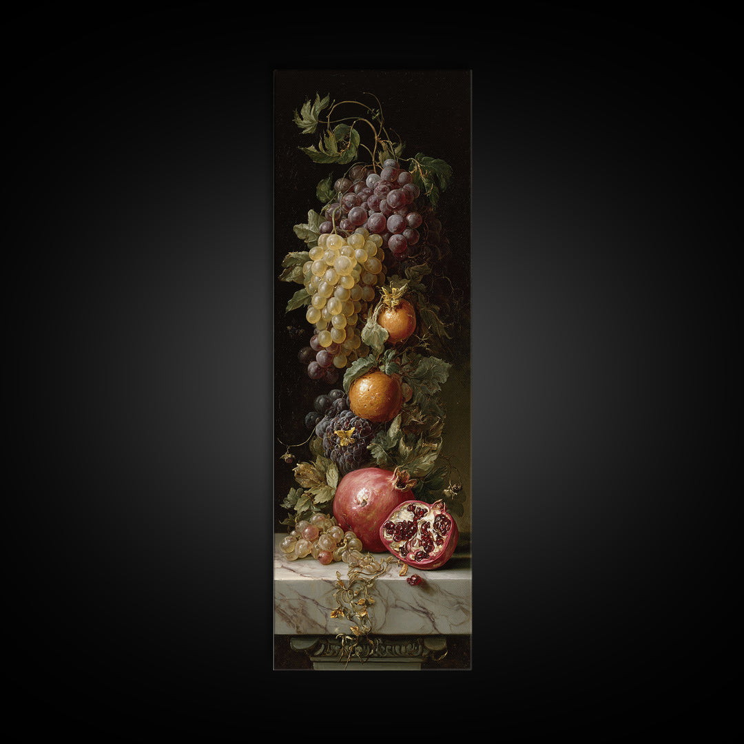 Pomegranate and Grapes on a Marble Ledge Canvas Print, Baroque Art, Luxury Decor, Living Room Decor, Fine Art, Ornate, BAO-1x3-68