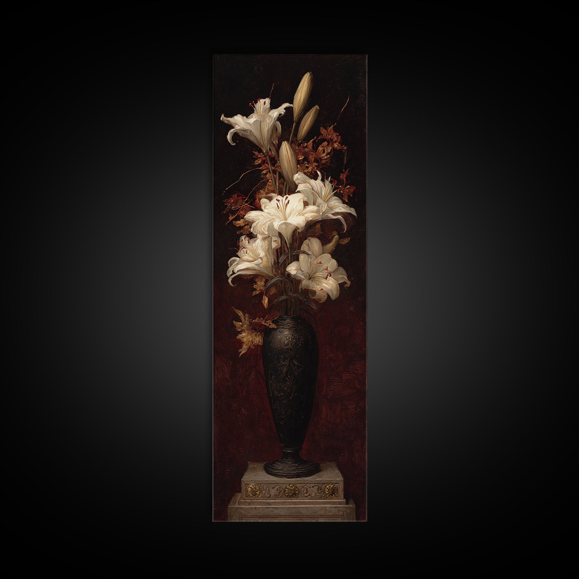 Dramatic White Lilies Canvas Print, Baroque Art, Art Print, Living Room Decor, Fine Art, Ornate, Oil Painting, Digital Wall Art, BAO-1x3-72