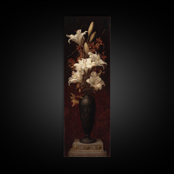 Dramatic White Lilies Canvas Print, Baroque Art, Art Print, Living Room Decor, Fine Art, Ornate, Oil Painting, Digital Wall Art, BAO-1x3-72
