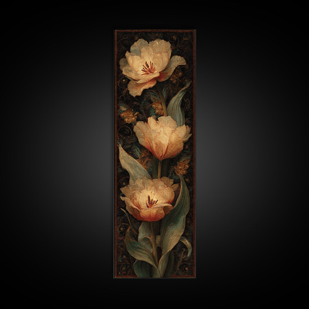 Black Background Tulips Framed Canvas Print, Baroque Art, Room Decor, Living Room Decor, Oil Painting, Ornate, Digital Wall Art, BAO-1x3-76