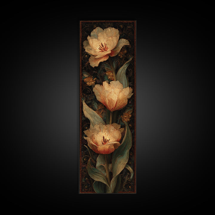 Black Background Tulips Framed Canvas Print, Baroque Art, Room Decor, Living Room Decor, Oil Painting, Ornate, Digital Wall Art, BAO-1x3-76