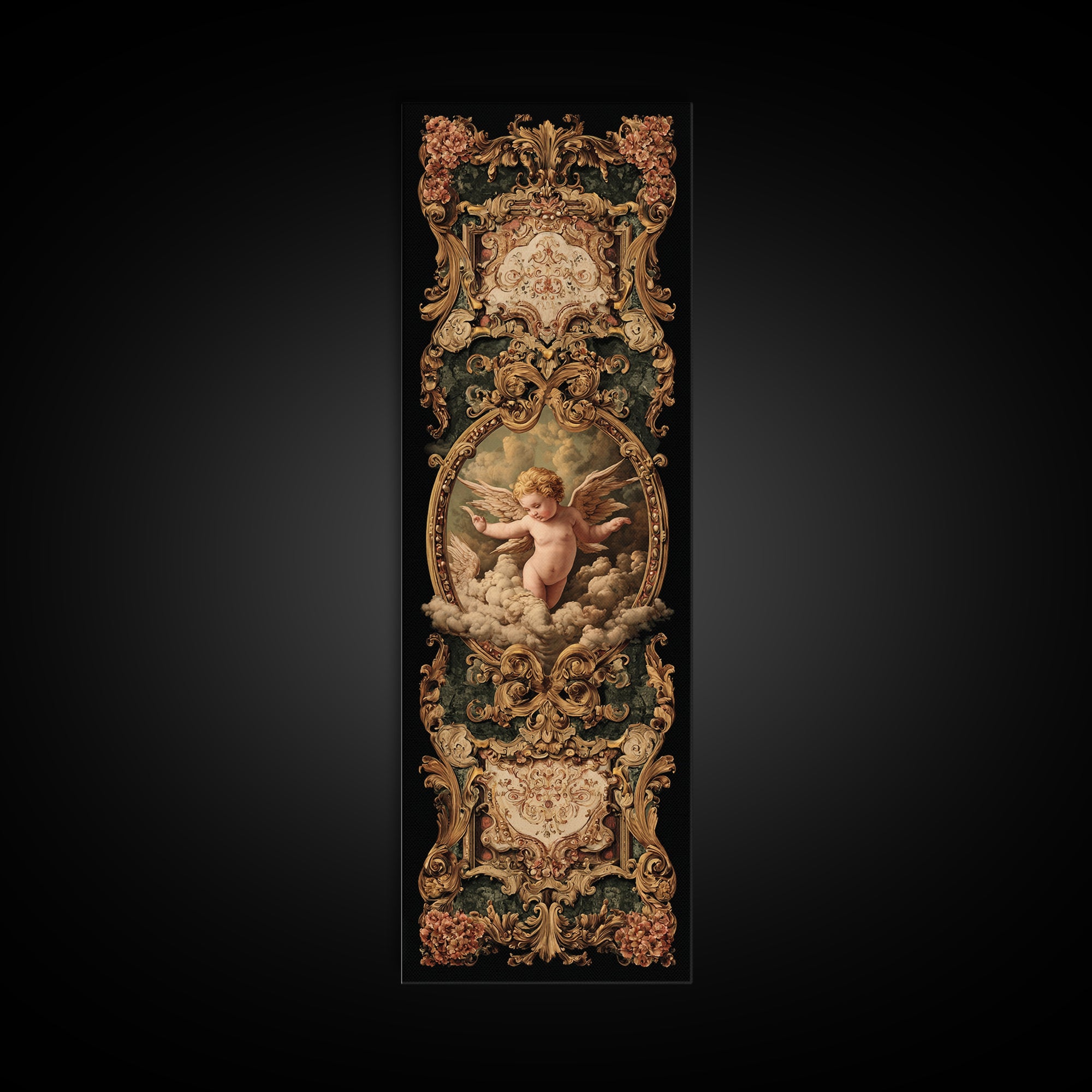 Ornate Cherub Figure Surrounded by Clouds and Canvas Print, Baroque Art, Art Nouveau Decor, Living Room Decor, Fine Art, Ornate, BAO-1x3-86