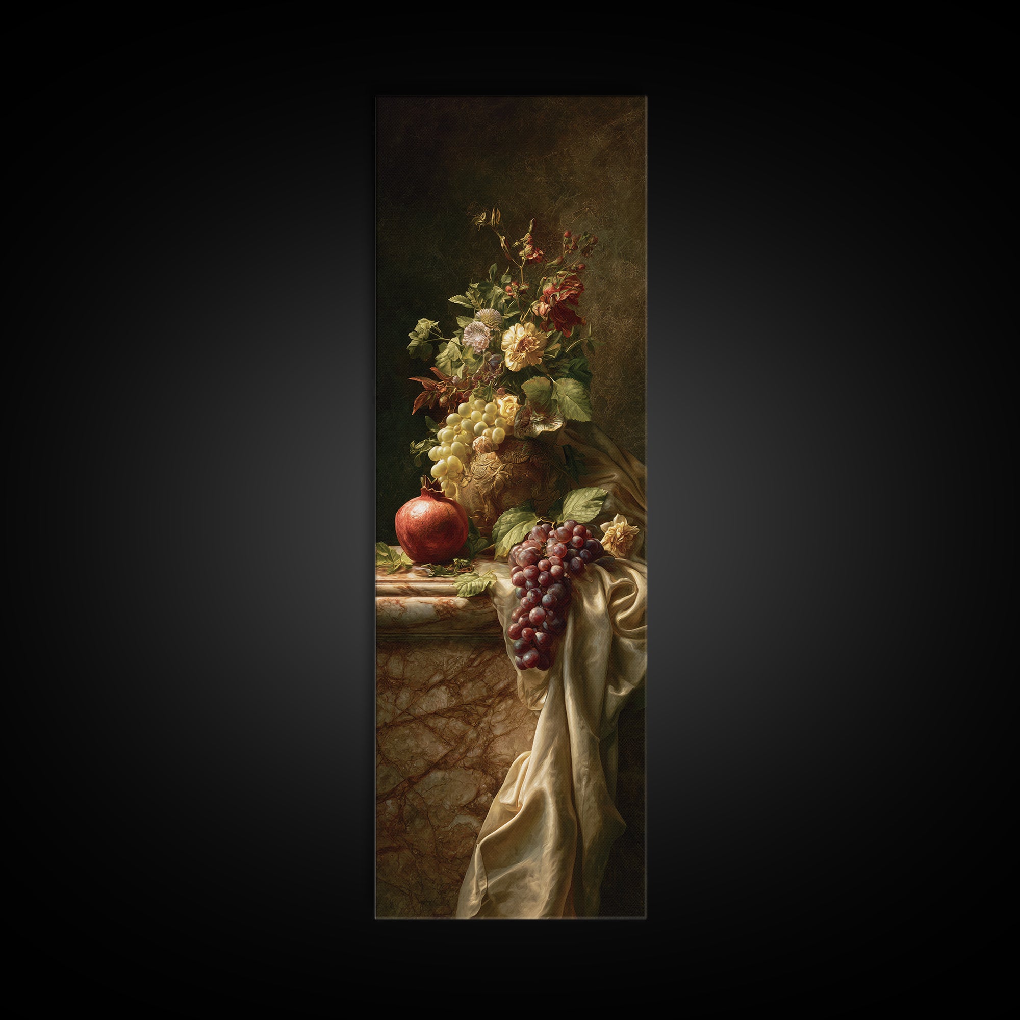Pomegranate and Grapes on a Marble Ledge Framed Canvas Print, Baroque Art, Contemporary Art, Living Room Decor, Ornate, BAO-1x3-92