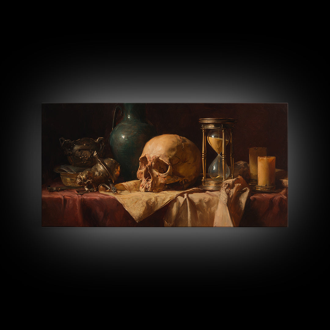 Skull and Hourglass Vanitas Still Life Framed Canvas Print, Baroque Art, Neutral Decor, Living Room Decor, Fine Art, Ornate, BAO-2x1-1
