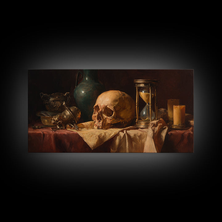 Skull and Hourglass Vanitas Still Life Framed Canvas Print, Baroque Art, Neutral Decor, Living Room Decor, Fine Art, Ornate, BAO-2x1-1