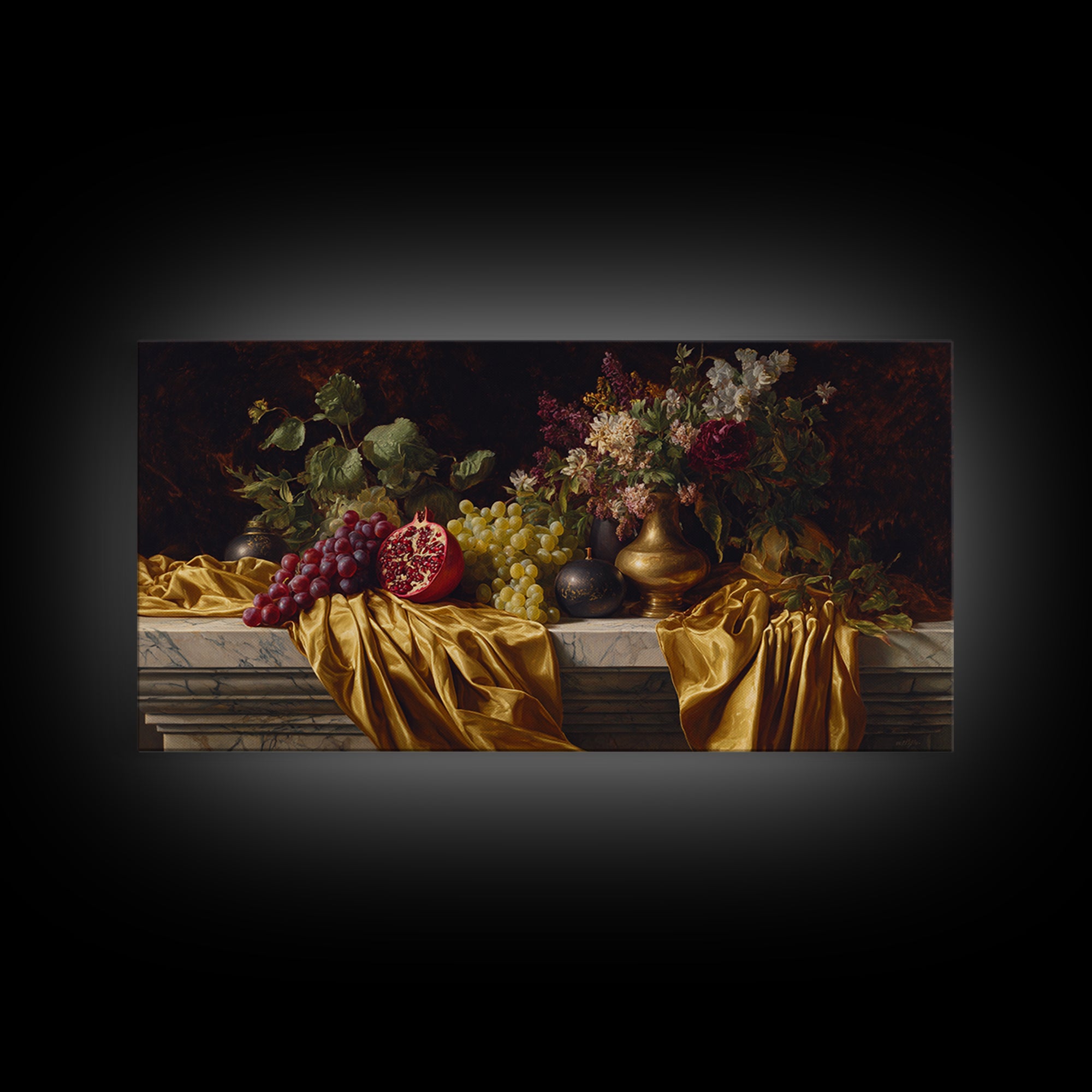 Pomegranate and Grapes on a Marble Ledge Framed Canvas Print, Baroque Art, Eclectic Wall Art, Living Room Decor, Ornate, BAO-2x1-100