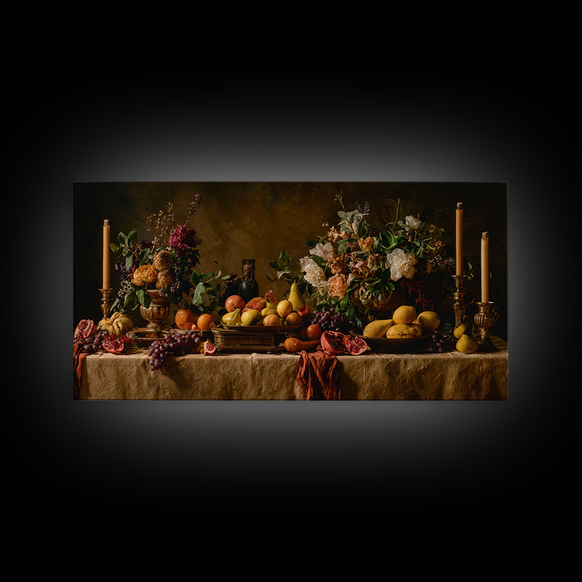 Lavish Banquet Fruit Composition Framed Canvas Print, Baroque Art, Neutral Decor, Living Room Decor, Fine Art, Ornate, BAO-2x1-16