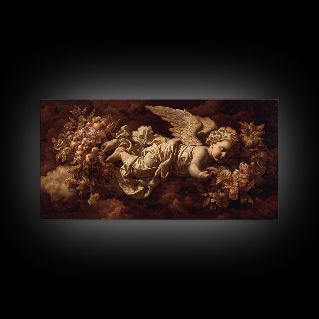 Ornate Cherub Figure Surrounded by Clouds and Canvas Print, Baroque Art, Art Nouveau Decor, Living Room Decor, Fine Art, Ornate, BAO-2x1-22