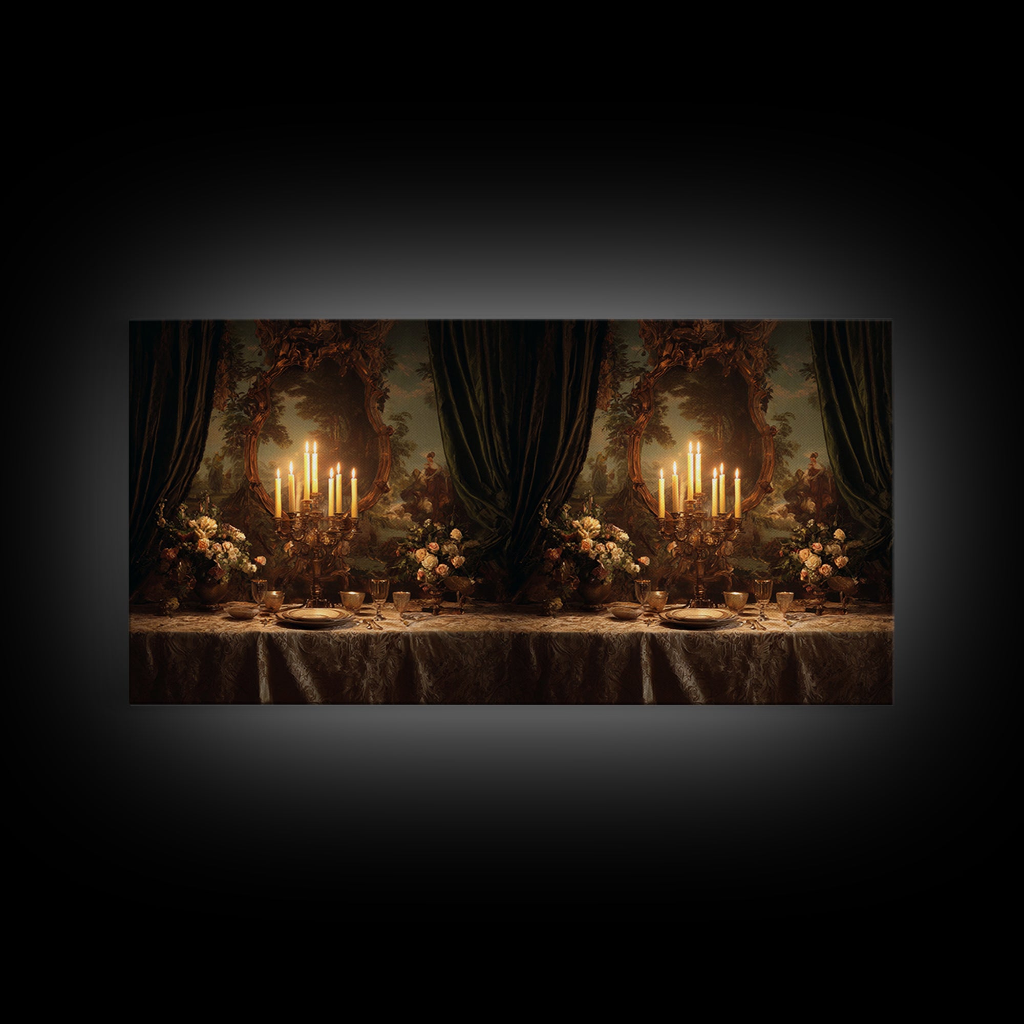 Velvet Drapery with Pearls Flowers and Candlelight Framed Canvas Print, Baroque Art, Wall Art, Living Room Decor, BAO-2x1-23