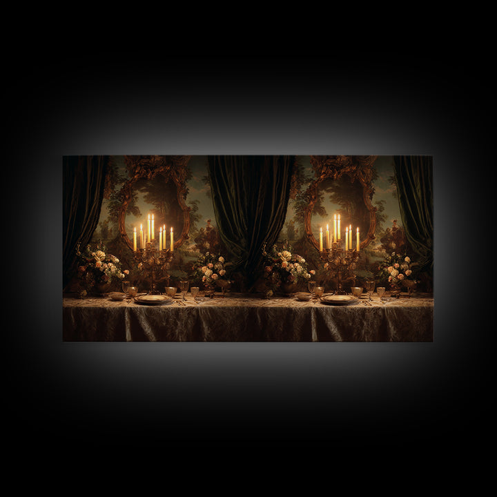 Velvet Drapery with Pearls Flowers and Candlelight Framed Canvas Print, Baroque Art, Wall Art, Living Room Decor, BAO-2x1-23