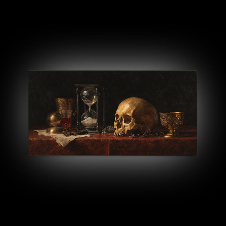 Skull and Hourglass Vanitas Still Life Framed Canvas Print, Baroque Art, Neutral Decor, Living Room Decor, Fine Art, Ornate, BAO-2x1-25