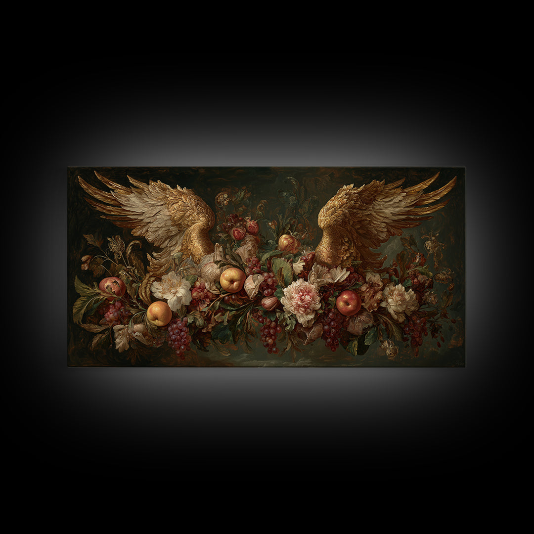 Gilded Angel Wings Emerging from Storm Clouds Canvas Print, Baroque Art, Baroque, Living Room Decor, Abstract Art, Ornate, BAO-2x1-26