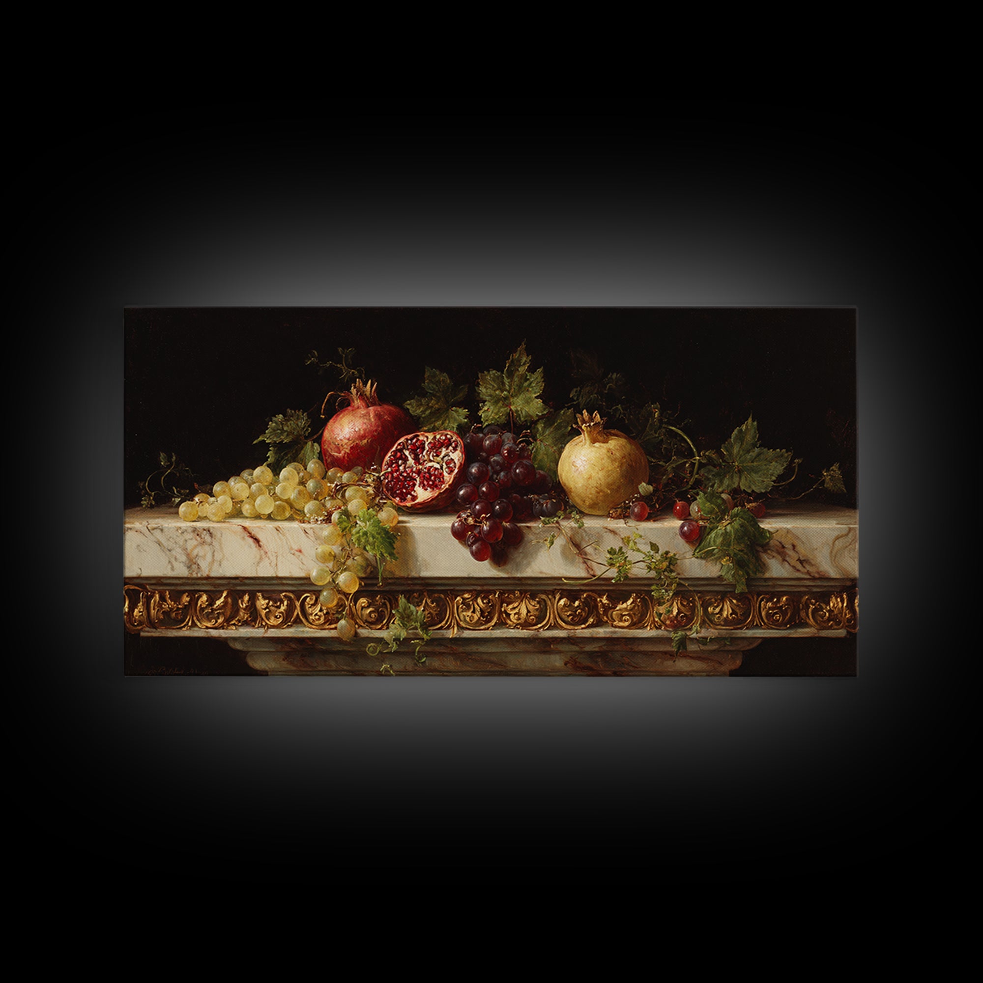 Pomegranate and Grapes on a Marble Ledge Framed Canvas Print, Baroque Art, Textured Painting, Living Room Decor, Ornate, BAO-2x1-28
