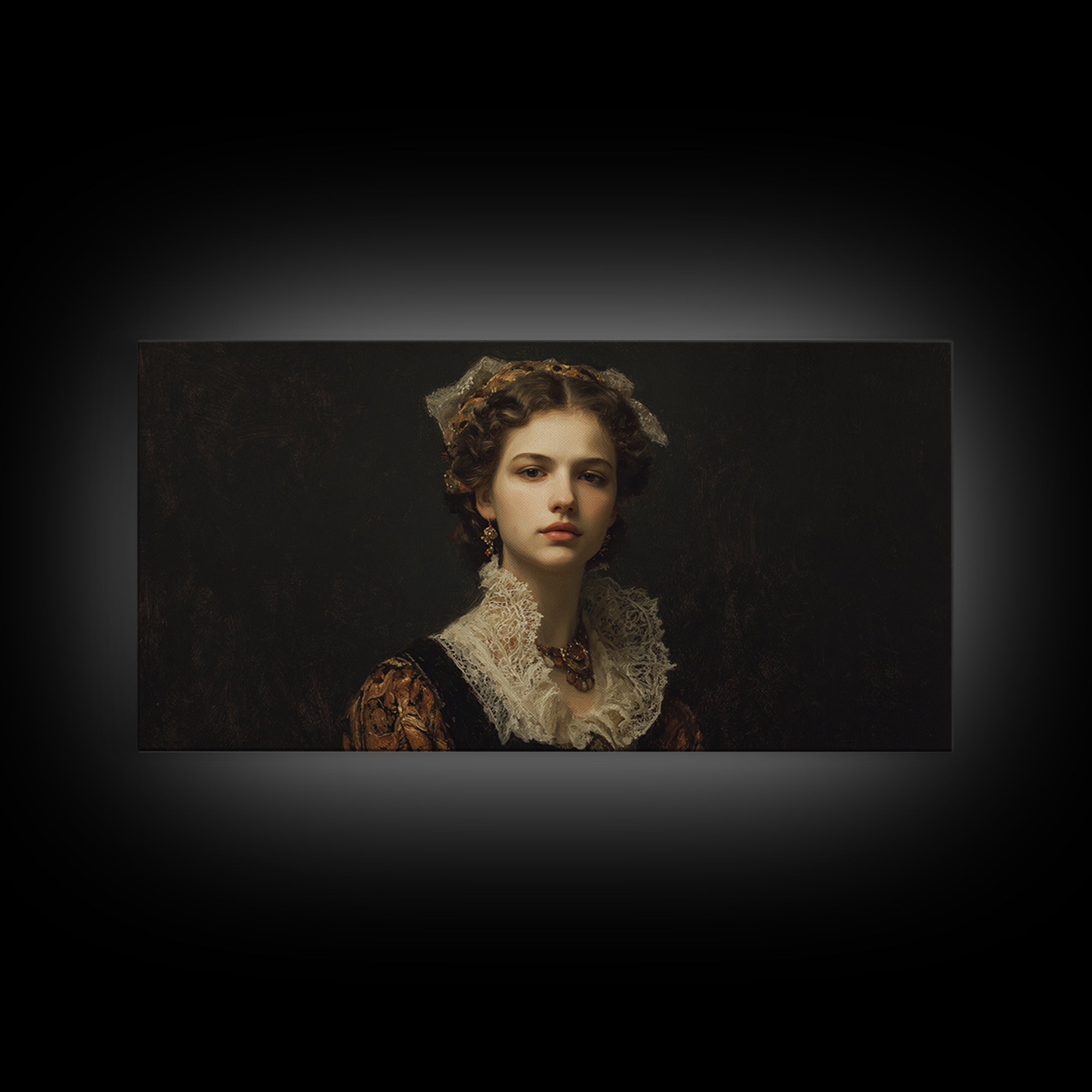Classical Portrait with Lace Collar and Jewel Framed Canvas Print, Baroque Art, Oil Painting, Living Room Decor, Ornate, BAO-2x1-3