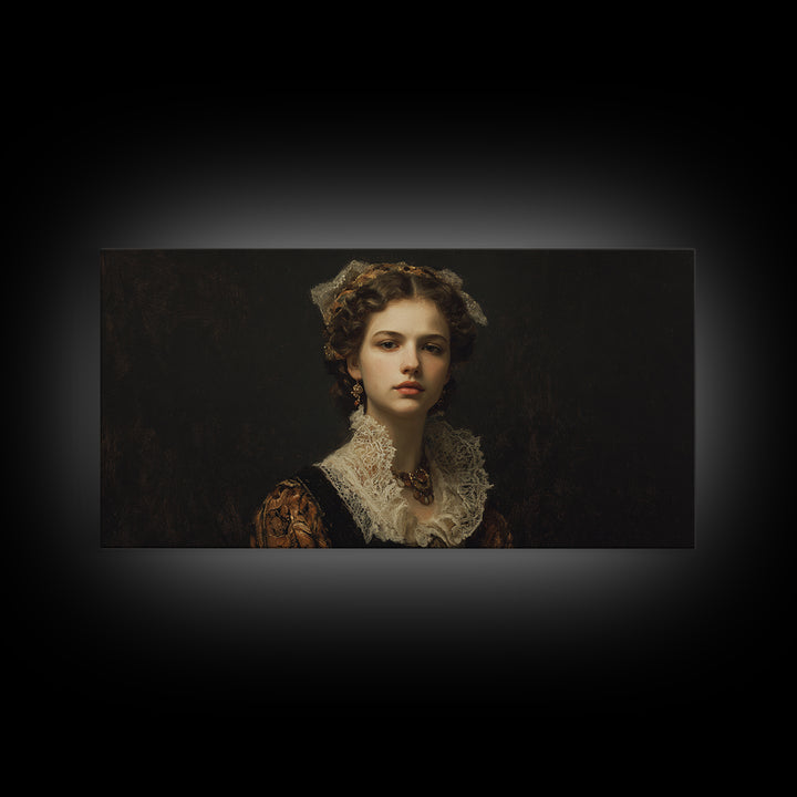 Classical Portrait with Lace Collar and Jewel Framed Canvas Print, Baroque Art, Oil Painting, Living Room Decor, Ornate, BAO-2x1-3