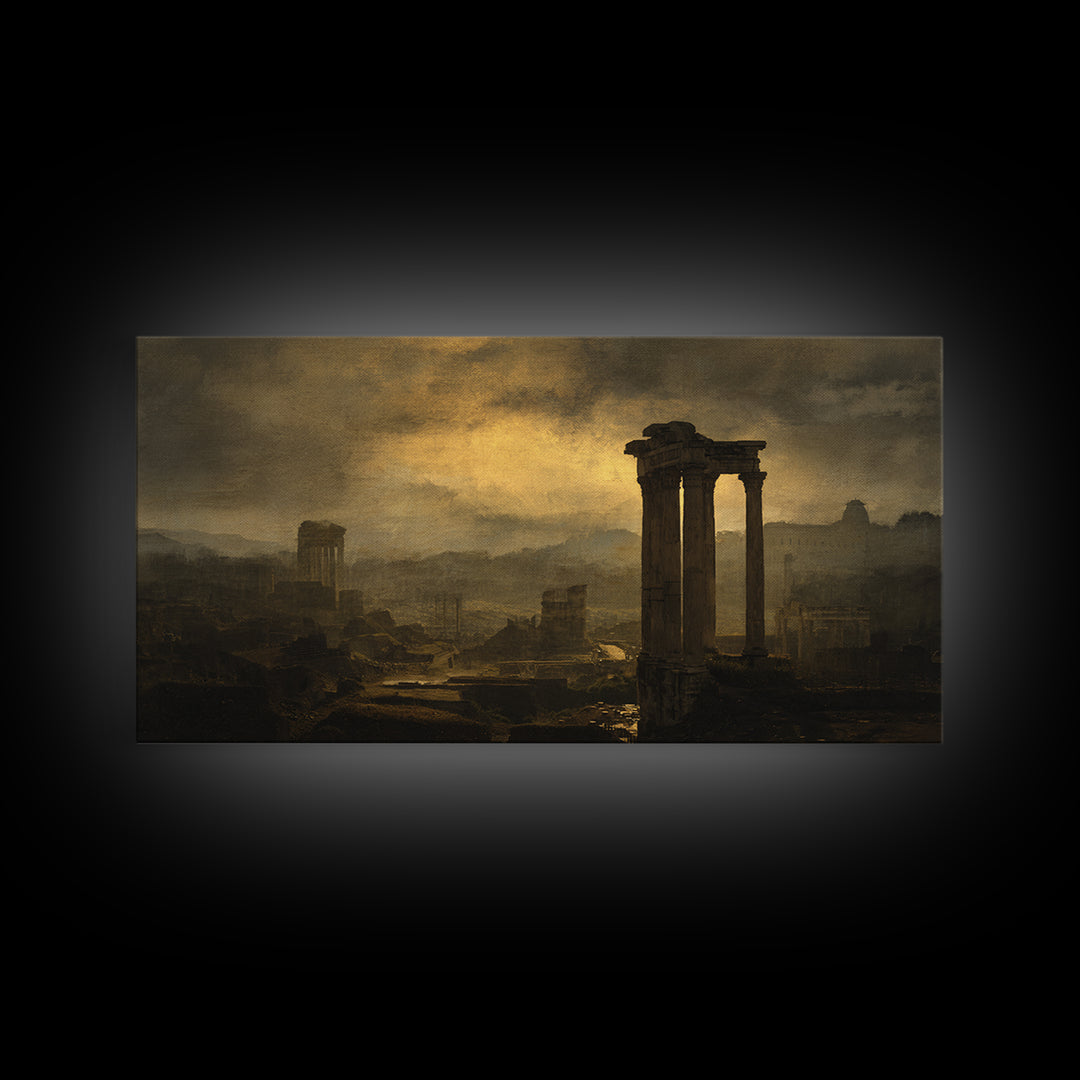 Classical Ruins Beneath a Dramatic Sky Canvas Print, Baroque Art, Minimalist Decor, Living Room Decor, Oil Painting, Ornate, BAO-2x1-39