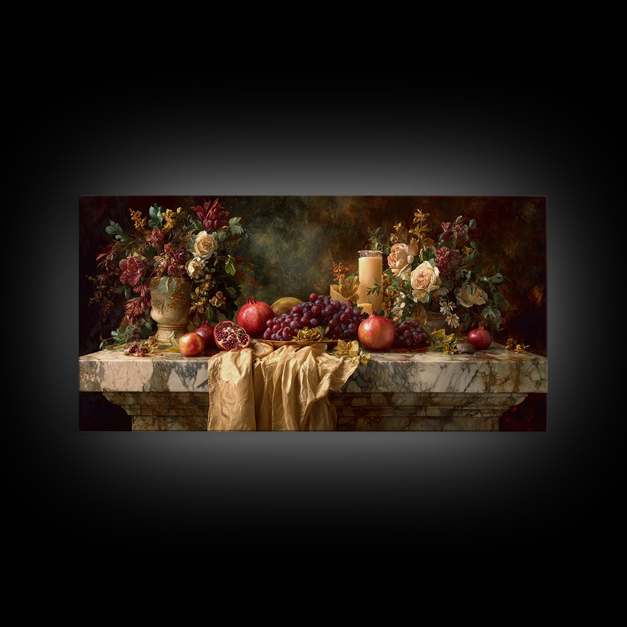 Pomegranate and Grapes on a Marble Ledge Canvas Print, Baroque Art, Statement Artwork, Living Room Decor, Fine Art, Ornate, BAO-2x1-4