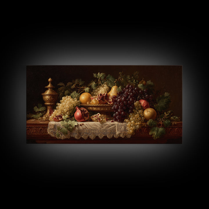 Lavish Banquet Fruit Composition Framed Canvas Print, Baroque Art, Contemporary Art, Living Room Decor, Fine Art, Ornate, BAO-2x1-40