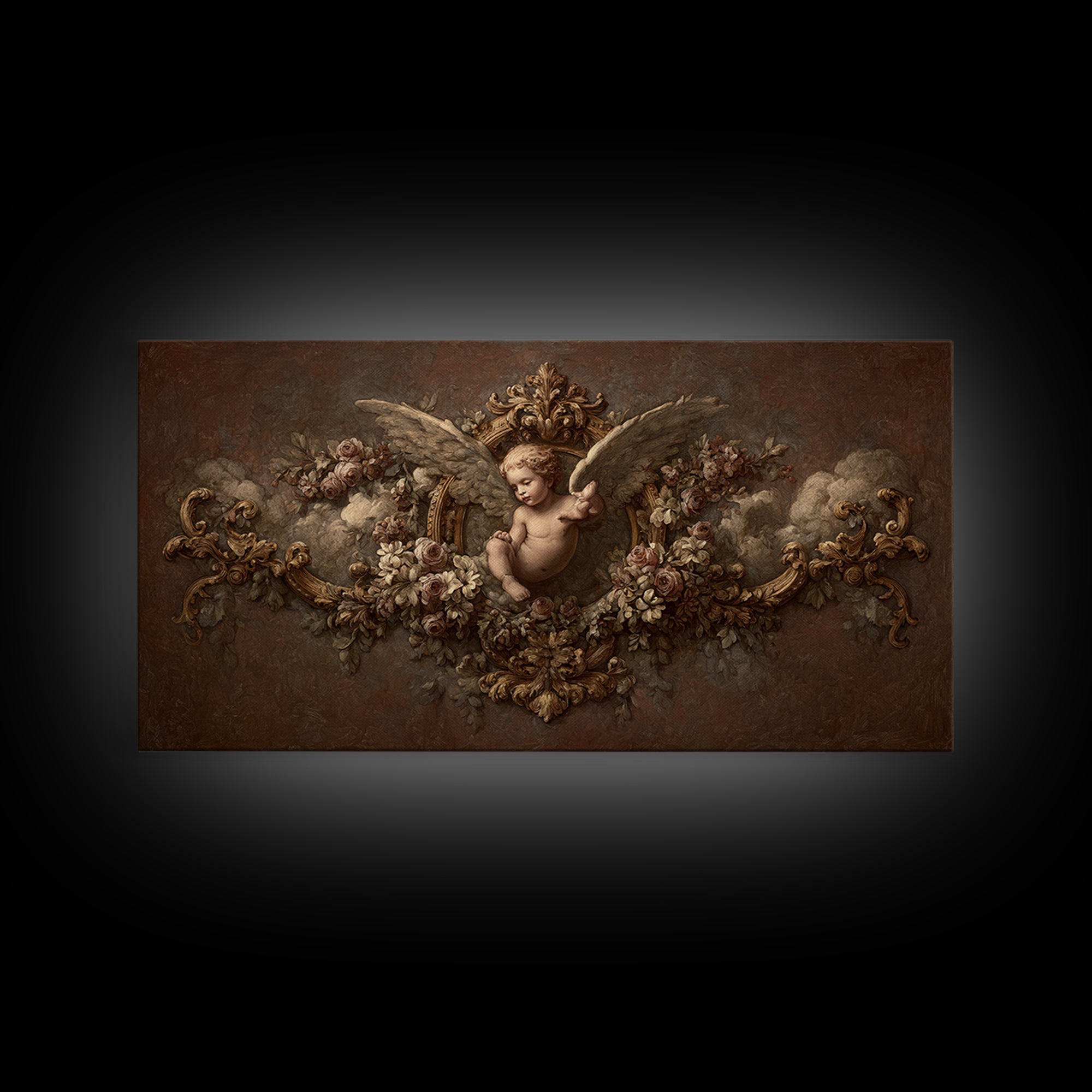 Ornate Cherub Figure Surrounded by Clouds and Framed Canvas Print, Baroque Art, Neutral Decor, Living Room Decor, Ornate, BAO-2x1-46