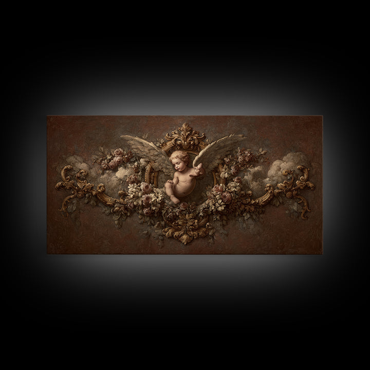 Ornate Cherub Figure Surrounded by Clouds and Framed Canvas Print, Baroque Art, Neutral Decor, Living Room Decor, Ornate, BAO-2x1-46