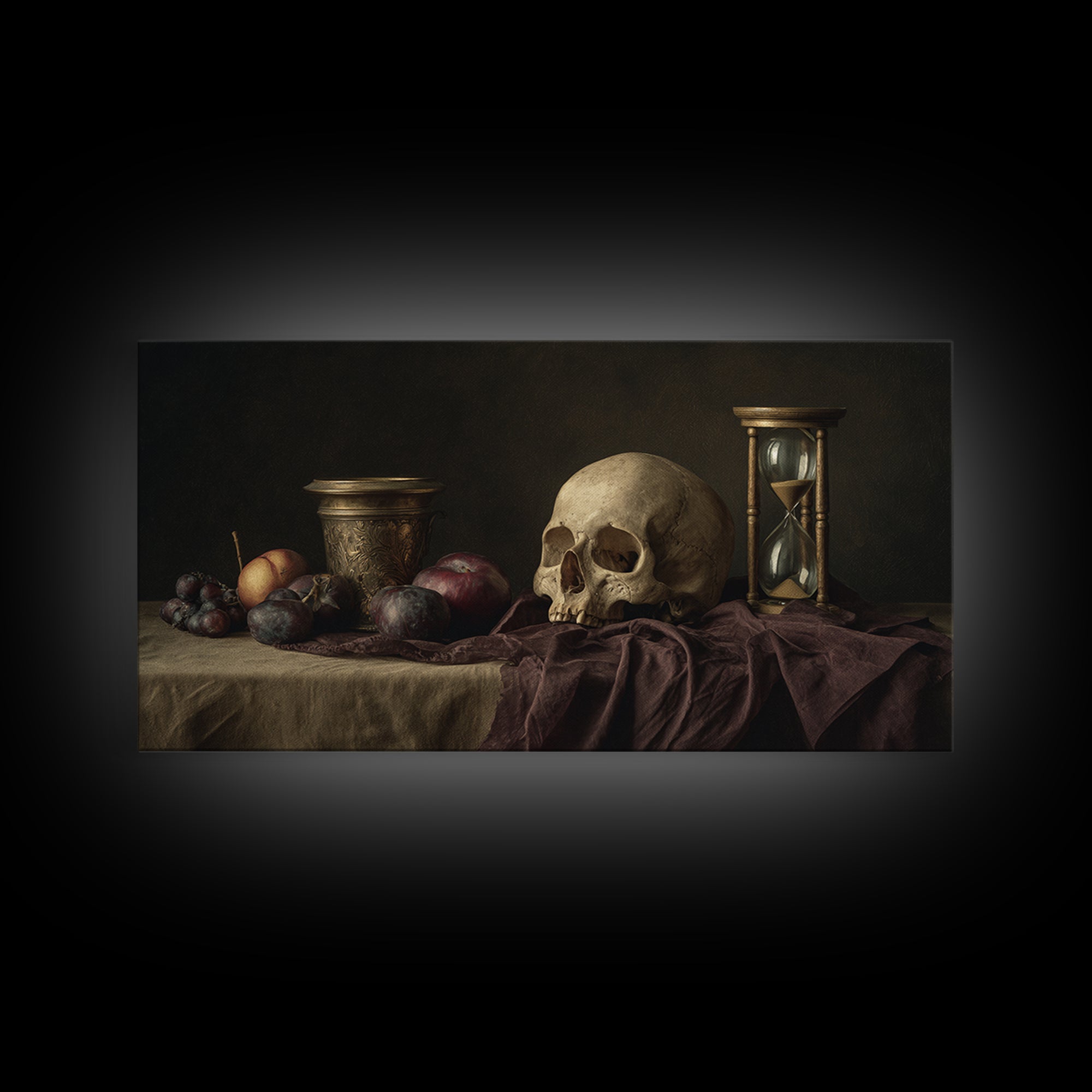 Skull and Hourglass Vanitas Still Life Canvas Print, Baroque Art, Luxury Decor, Living Room Decor, Ornate, Oil Painting, BAO-2x1-49