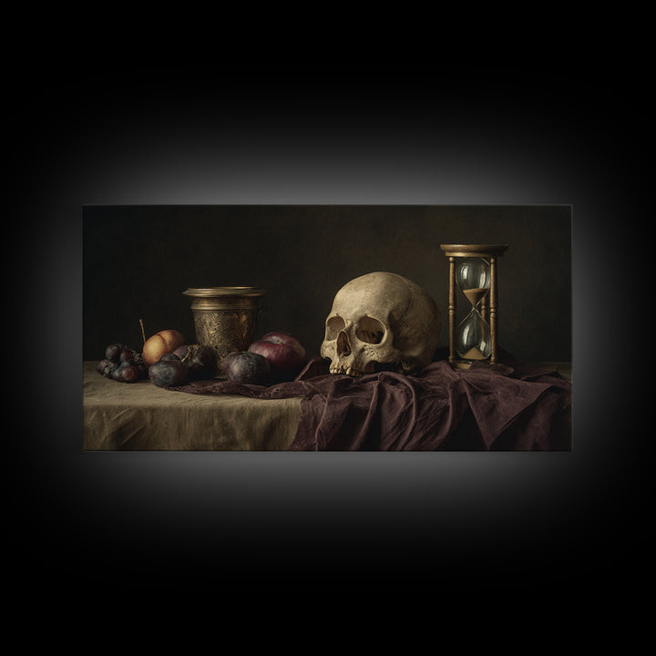 Skull and Hourglass Vanitas Still Life Canvas Print, Baroque Art, Luxury Decor, Living Room Decor, Ornate, Oil Painting, BAO-2x1-49