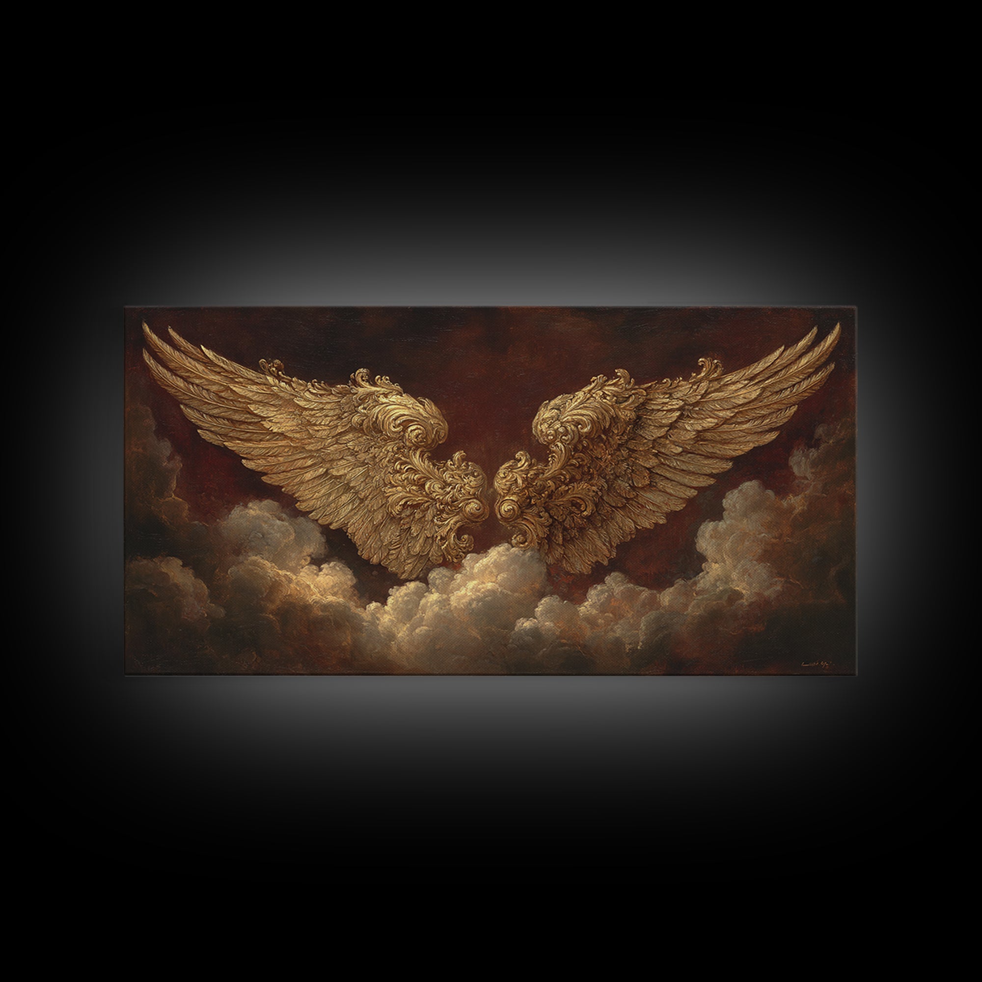 Gilded Angel Wings Emerging from Storm Clouds Framed Canvas Print, Baroque Art, Modern Decor, Living Room Decor, Ornate, BAO-2x1-50