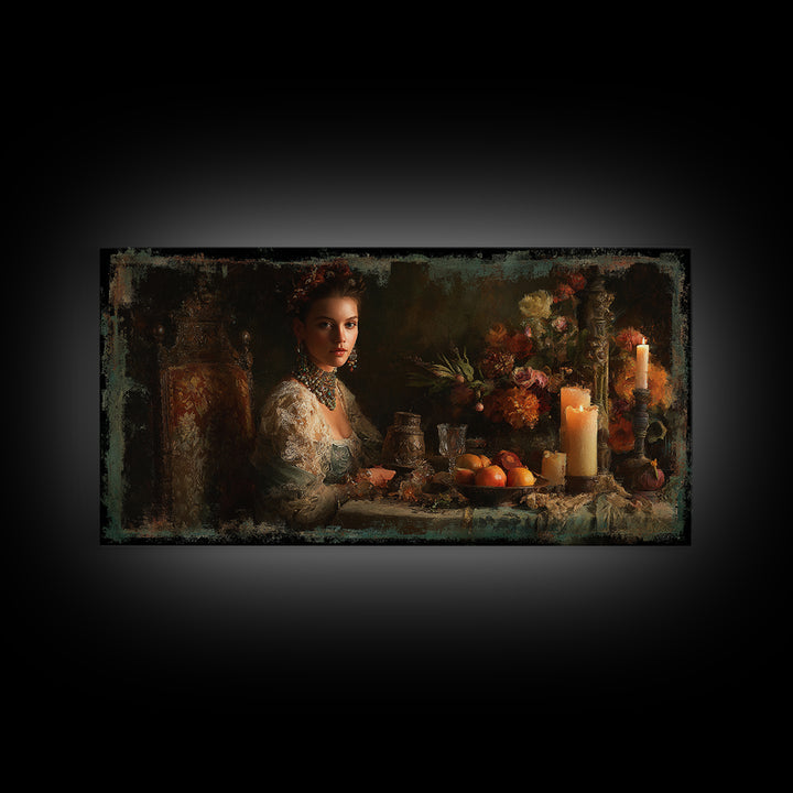 Classical Portrait with Lace Collar and Jewel Framed Canvas Print, Baroque Art, Oil Painting, Living Room Decor, Ornate, BAO-2x1-51