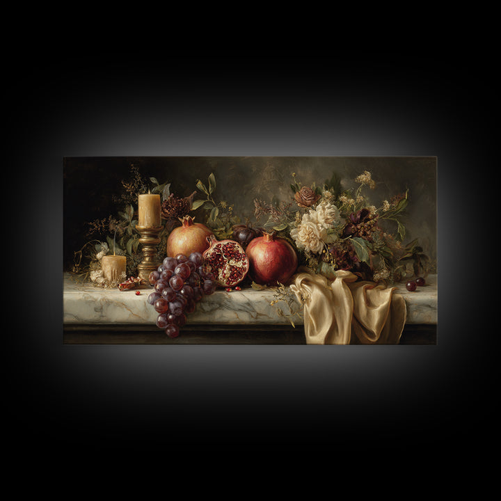 Pomegranate and Grapes on a Marble Ledge Canvas Print, Baroque Art, Art, Living Room Decor, Fine Art, Ornate, Modern Wall Art, BAO-2x1-52