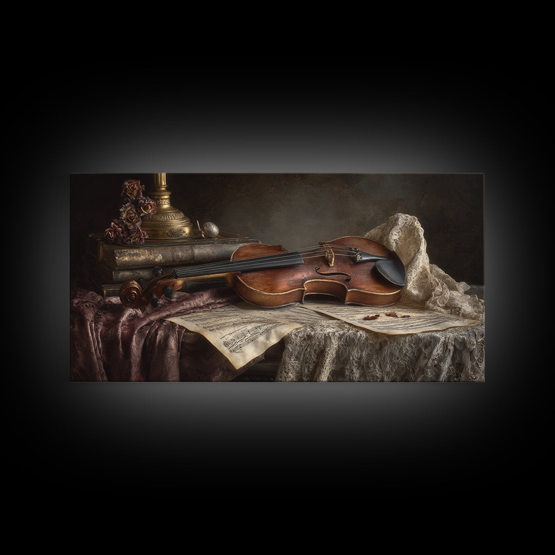 Baroque Violin and Sheet Music Still Life Framed Canvas Print, Baroque Art, Digital Wall Art, Living Room Decor, Ornate, BAO-2x1-55