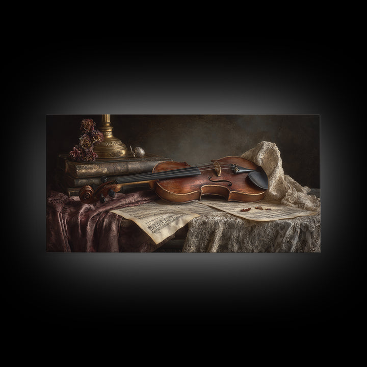Baroque Violin and Sheet Music Still Life Framed Canvas Print, Baroque Art, Digital Wall Art, Living Room Decor, Ornate, BAO-2x1-55
