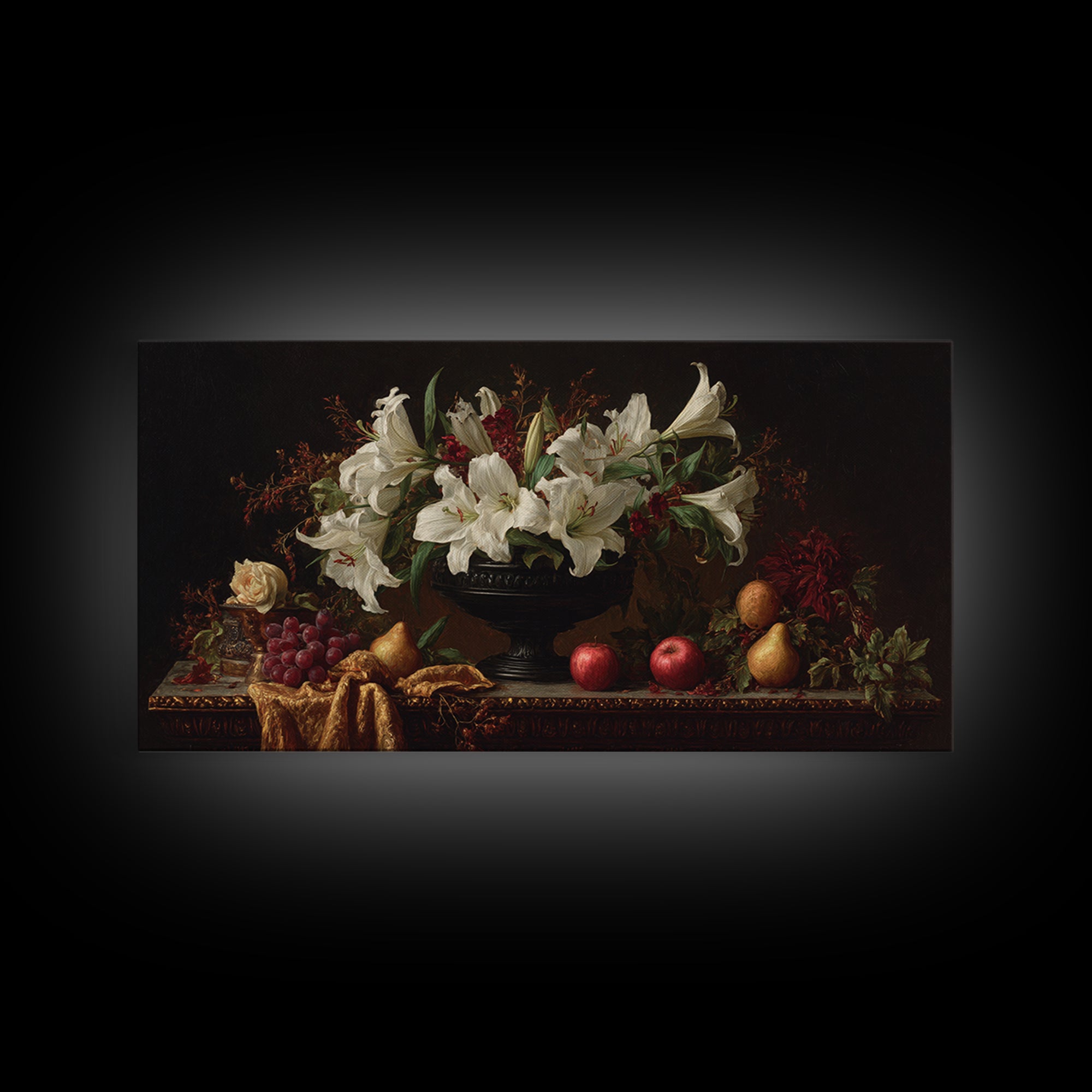 Dramatic White Lilies Framed Canvas Print, Baroque Art, Painting, Living Room Decor, Fine Art, Ornate, Living Room Wall Art, BAO-2x1-56