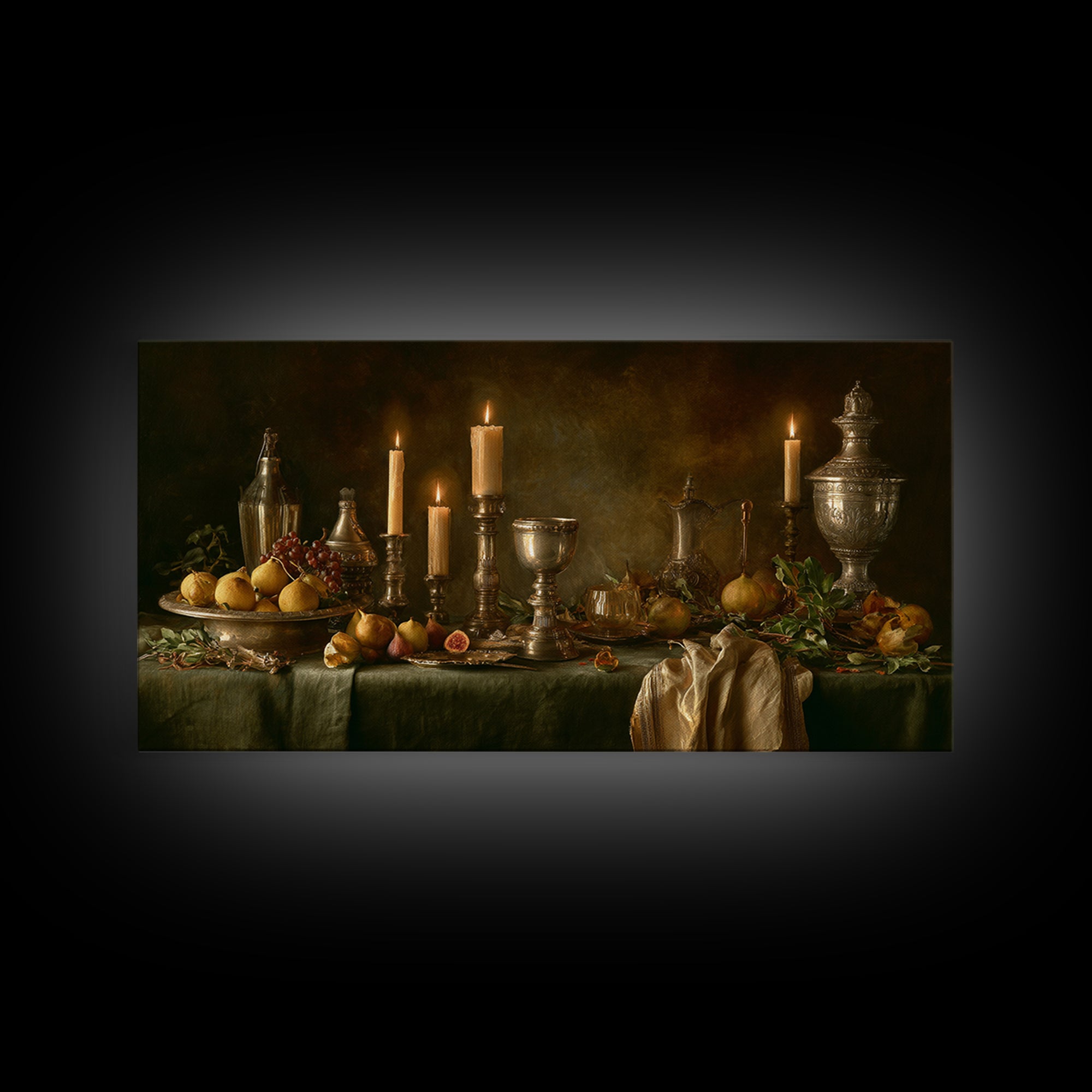 Candlelit Table with Silver Goblet and Figs Canvas Print, Baroque Art, Fine Art Print, Living Room Decor, Fine Art, Ornate, BAO-2x1-57