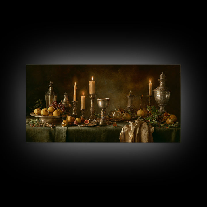 Candlelit Table with Silver Goblet and Figs Canvas Print, Baroque Art, Fine Art Print, Living Room Decor, Fine Art, Ornate, BAO-2x1-57