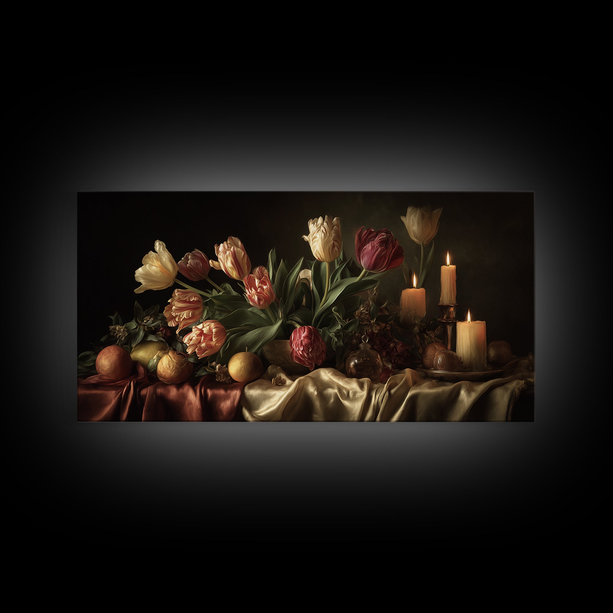 Black Background Tulips Framed Canvas Print, Baroque Art, Decor, Living Room Decor, Oil Painting, Ornate, Moody Wall Art, BAO-2x1-60