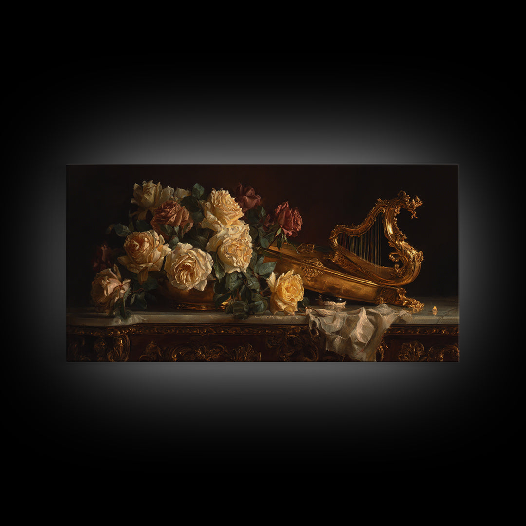 Golden Harp and Roses Canvas Print, Baroque Art, Gallery Decor, Living Room Decor, Oil Painting, Ornate, Minimalist Decor, BAO-2x1-62