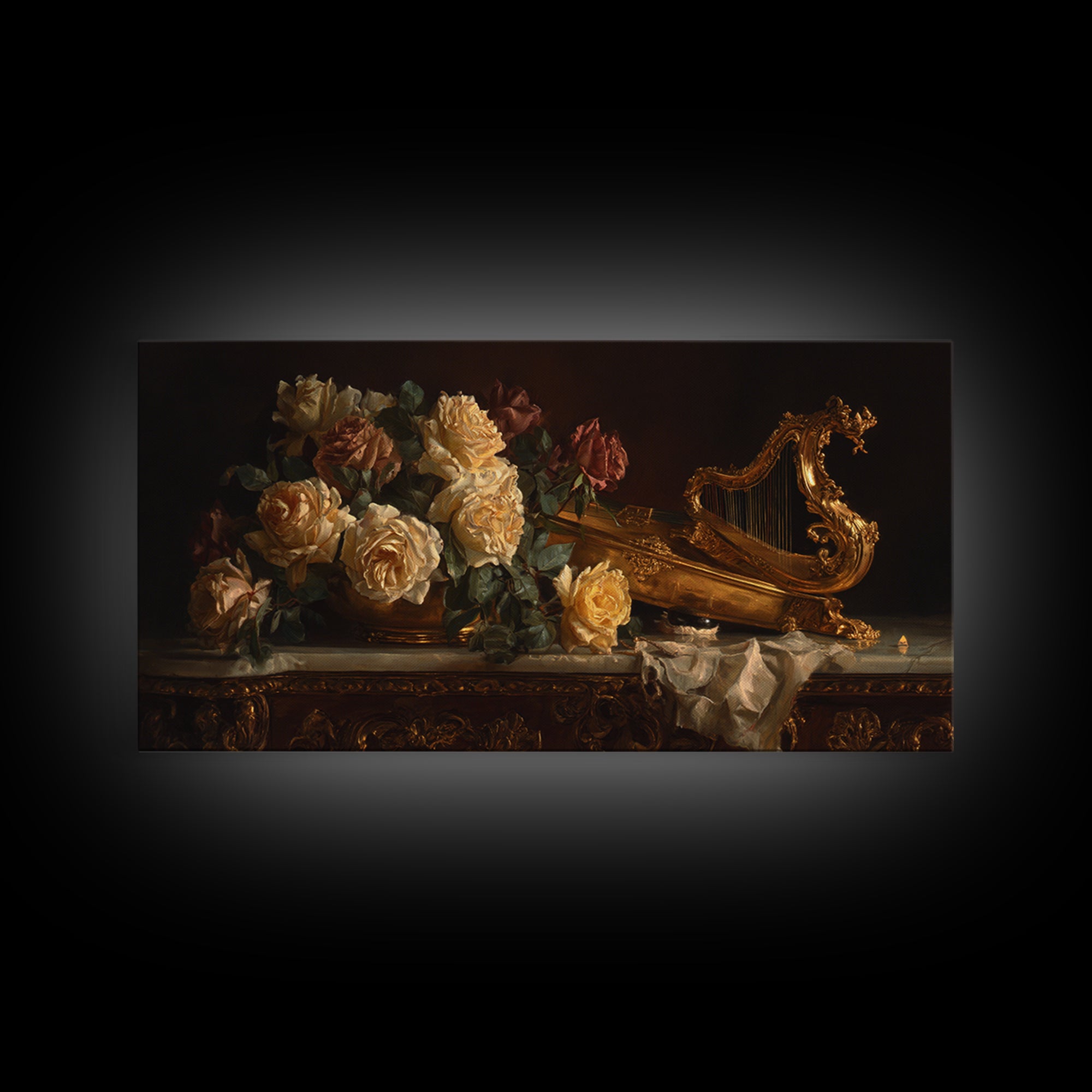 Golden Harp and Roses Canvas Print, Baroque Art, Gallery Decor, Living Room Decor, Oil Painting, Ornate, Minimalist Decor, BAO-2x1-62