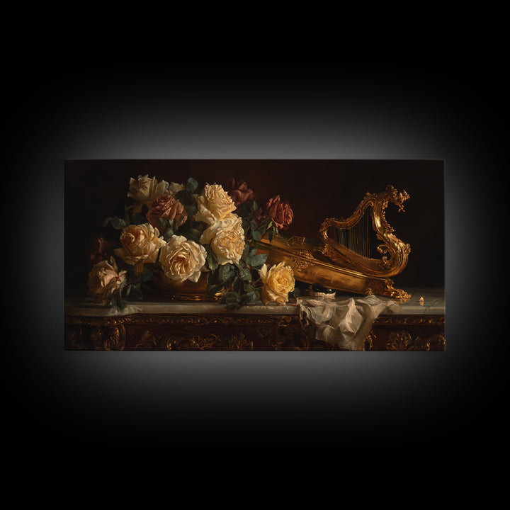 Golden Harp and Roses Canvas Print, Baroque Art, Gallery Decor, Living Room Decor, Oil Painting, Ornate, Minimalist Decor, BAO-2x1-62