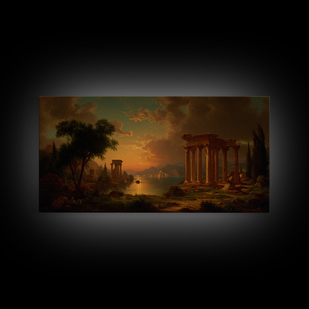 Classical Ruins Beneath a Dramatic Sky Canvas Print, Baroque Art, Dark Academia Decor, Living Room Decor, Fine Art, Ornate, BAO-2x1-63