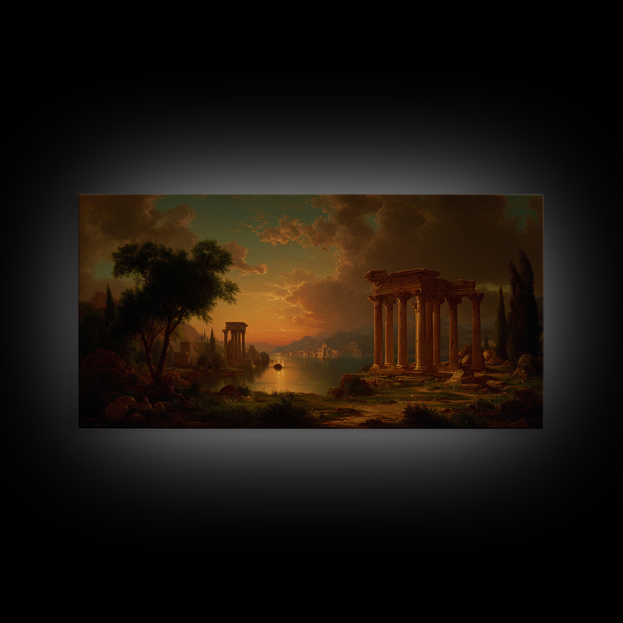 Classical Ruins Beneath a Dramatic Sky Canvas Print, Baroque Art, Dark Academia Decor, Living Room Decor, Fine Art, Ornate, BAO-2x1-63