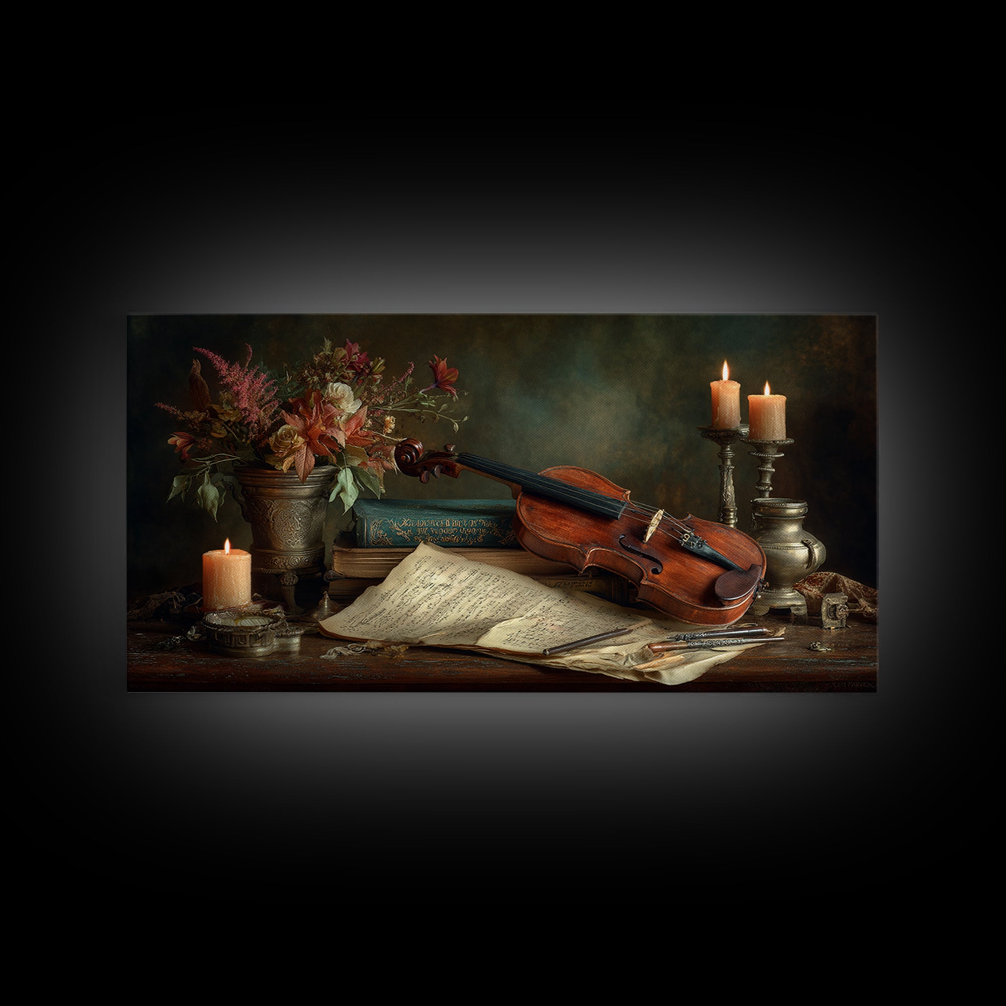 Baroque Violin and Sheet Music Still Life Framed Canvas Print, Baroque Art, Textured Painting, Living Room Decor, Ornate, BAO-2x1-7