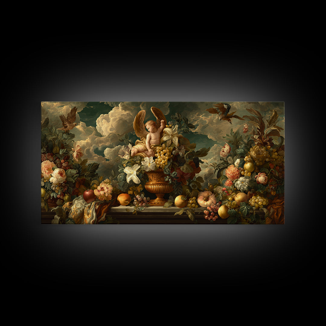 Ornate Cherub Figure Surrounded by Clouds and Canvas Print, Baroque Art, Luxury Decor, Living Room Decor, Fine Art, Ornate, BAO-2x1-70