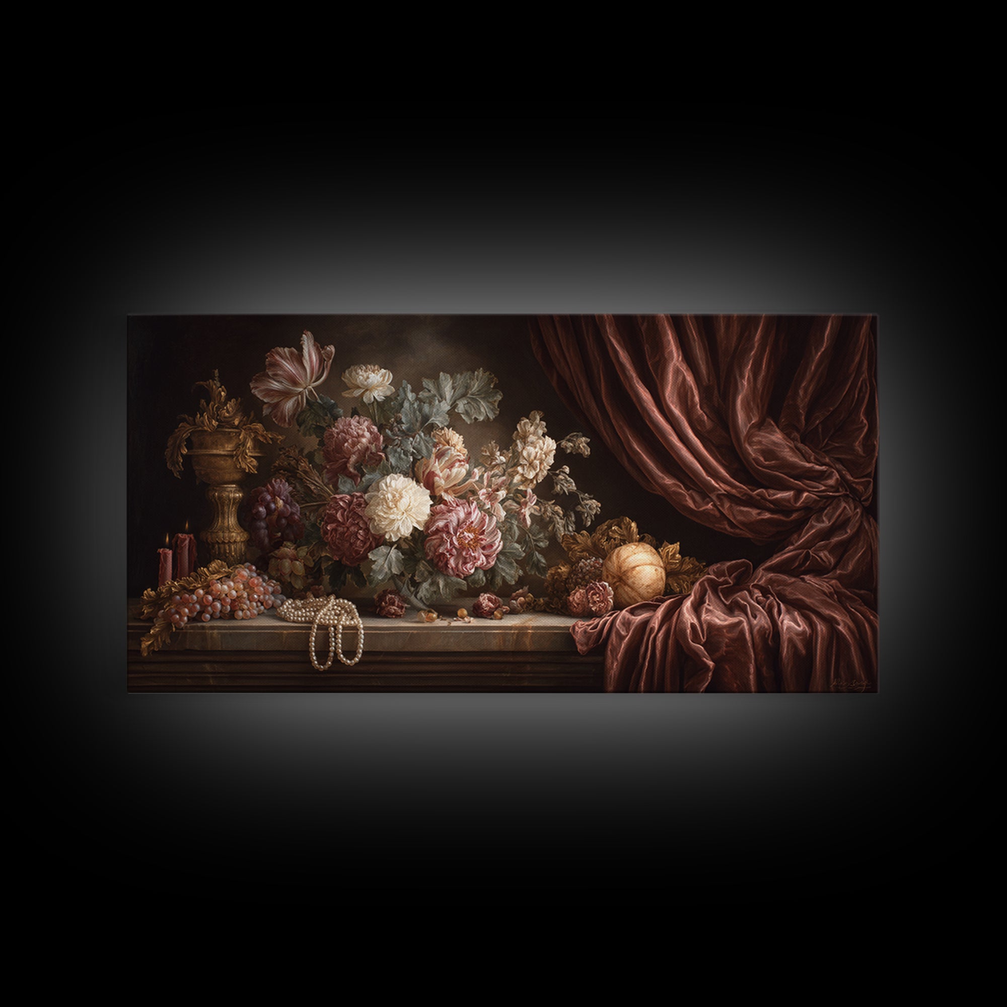 Velvet Drapery with Pearls Flowers and Candlelight Canvas Print, Baroque Art, Minimalist Wall Art, Living Room Decor, Ornate, BAO-2x1-71