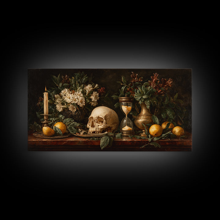 Skull and Hourglass Vanitas Still Life Canvas Print, Baroque Art, Luxury Decor, Living Room Decor, Ornate, Oil Painting, BAO-2x1-73