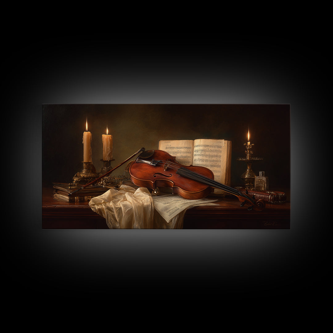 Baroque Violin and Sheet Music Still Life Framed Canvas Print, Baroque Art, Eclectic Wall Art, Living Room Decor, Ornate, BAO-2x1-79