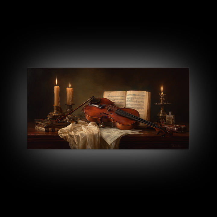 Baroque Violin and Sheet Music Still Life Framed Canvas Print, Baroque Art, Eclectic Wall Art, Living Room Decor, Ornate, BAO-2x1-79