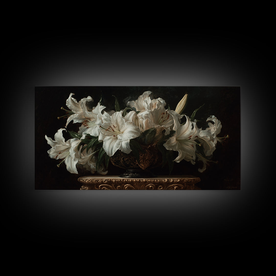Dramatic White Lilies Framed Canvas Print, Baroque Art, Modern Wall Art, Living Room Decor, Fine Art, Ornate, Feminist Art, BAO-2x1-80